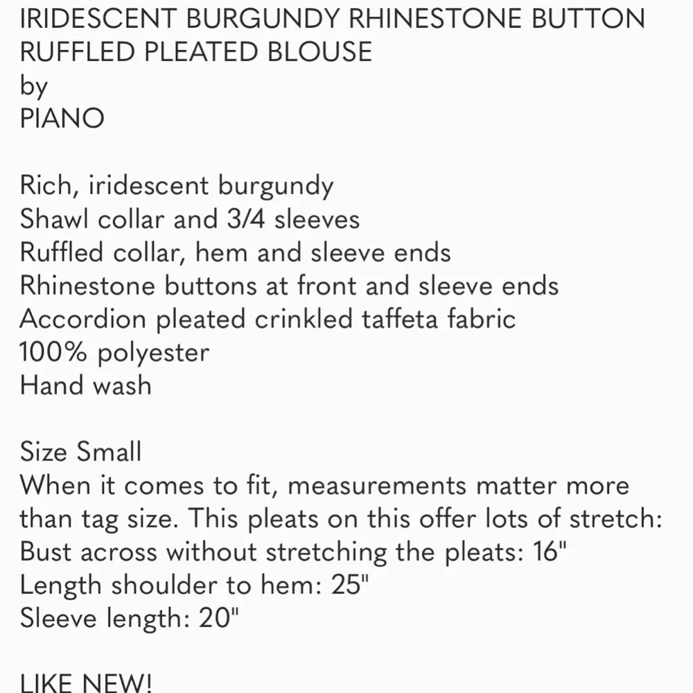 PIANO Maroon Iridescent Crinkle Blouse w/ Crystal Buttons Shawl Collar E… - Picture 12 of 12